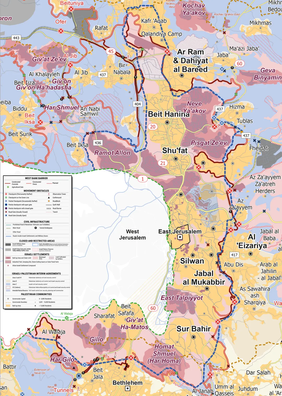 East Jerusalem, as mapped by the 2025 UN OCHA OPT West Bank Access Restrictions Map