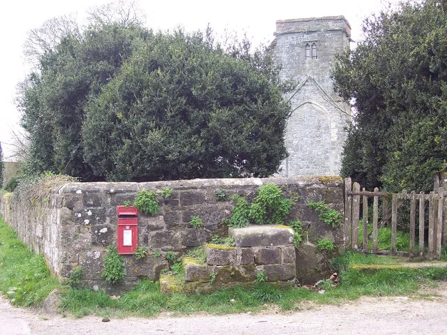 At the church gate, East Compton Post box and mounting block outside the gate of the ruined Church of St Marys.