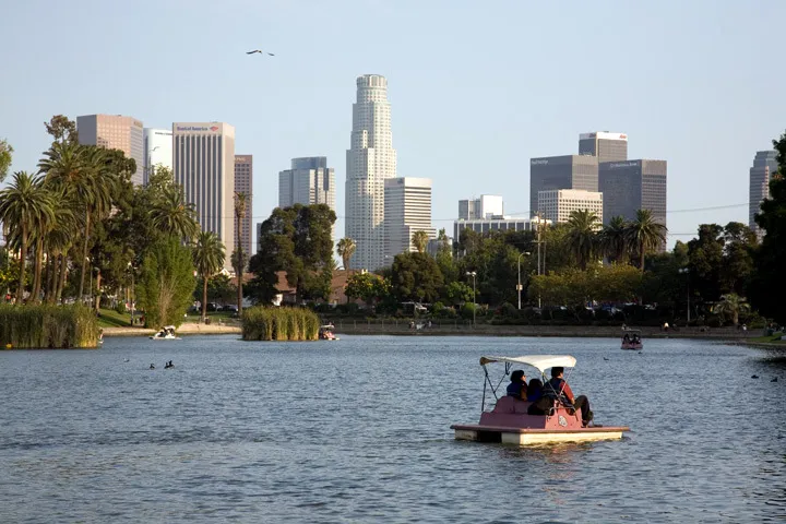 Pond in Echo Park — southeastern view of park, looking to Downtown Los Angeles skyline.