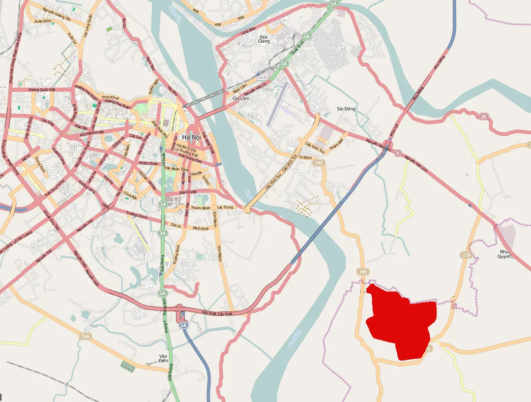 Map showing the location of "Ecopark" compared to Hanoi.
Map from OpenStreetMap.

Shape approximated from http://upload.wikimedia.org/wikipedia/commons/a/a3/Ecopark_Perspective.jpg and by analyzing building area on Bing Maps.
