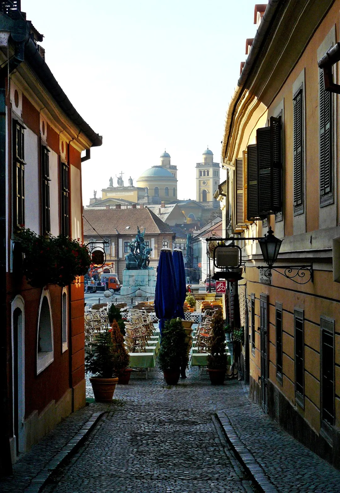 View of Dobó square from a small street near the castle in Eger