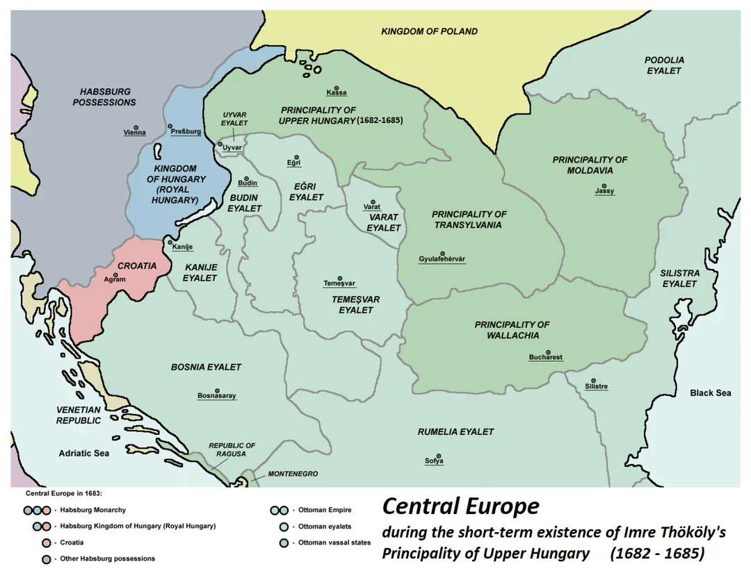 Central Europe during the short-term existence of Imre Thököly's Principality of Upper Hungary. - Habsburg and Ottoman territories, including Habsburg Kingdom of Hungary (Royal Hungary) and Habsburg Croatia, Ottoman vassal states (Wallachia, Moldavia, Transylvania, Principality of Upper Hungary (existed between 1682-1685), Montenegro, Ragusa) and Ottoman eyalets. The Ottoman expansion was asked by prince Imre Thököly in Upper Hungary (centered in present-day Slovakia) against the Habsburgs. The Ottoman Rule in Upper Hungary lasted only for 3 years.