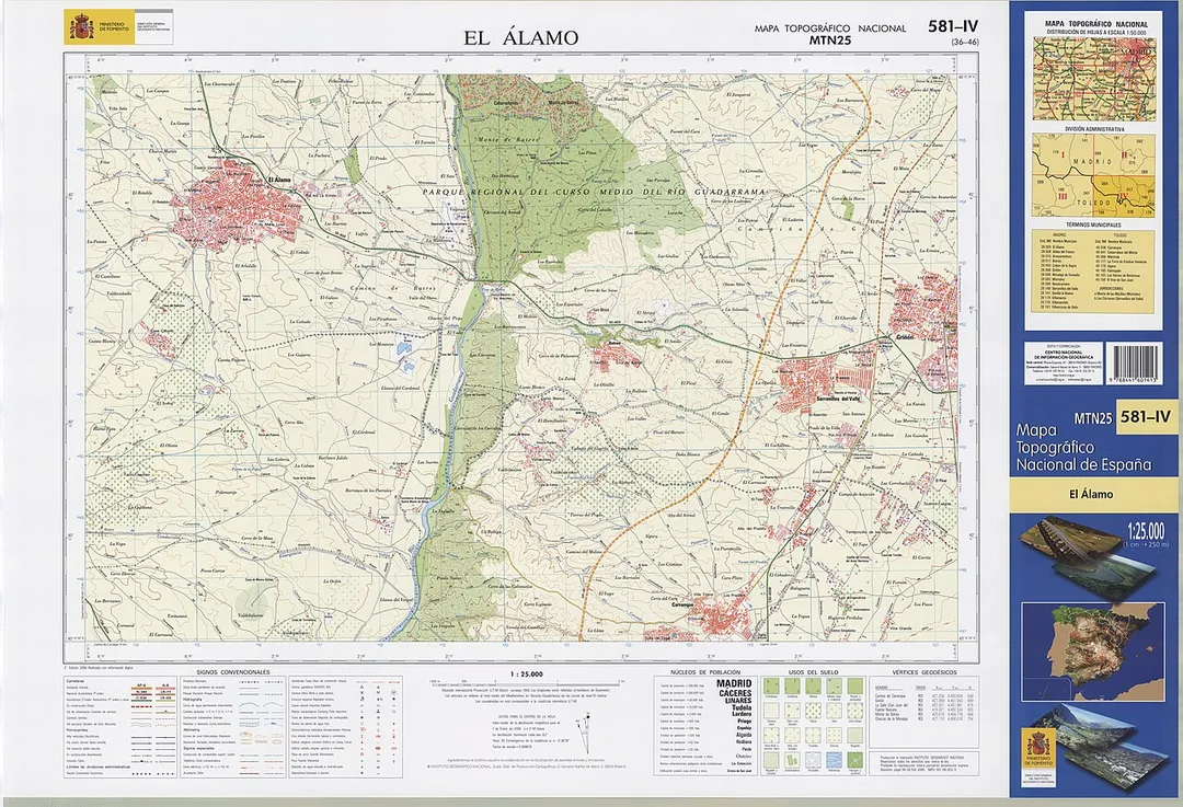 Fragment 0581c4 of the National Topographic Map of Spain in 2006 at a scale of 1:25000 printed and scanned with a resolution of 250 ppi. It shows El Alamo.