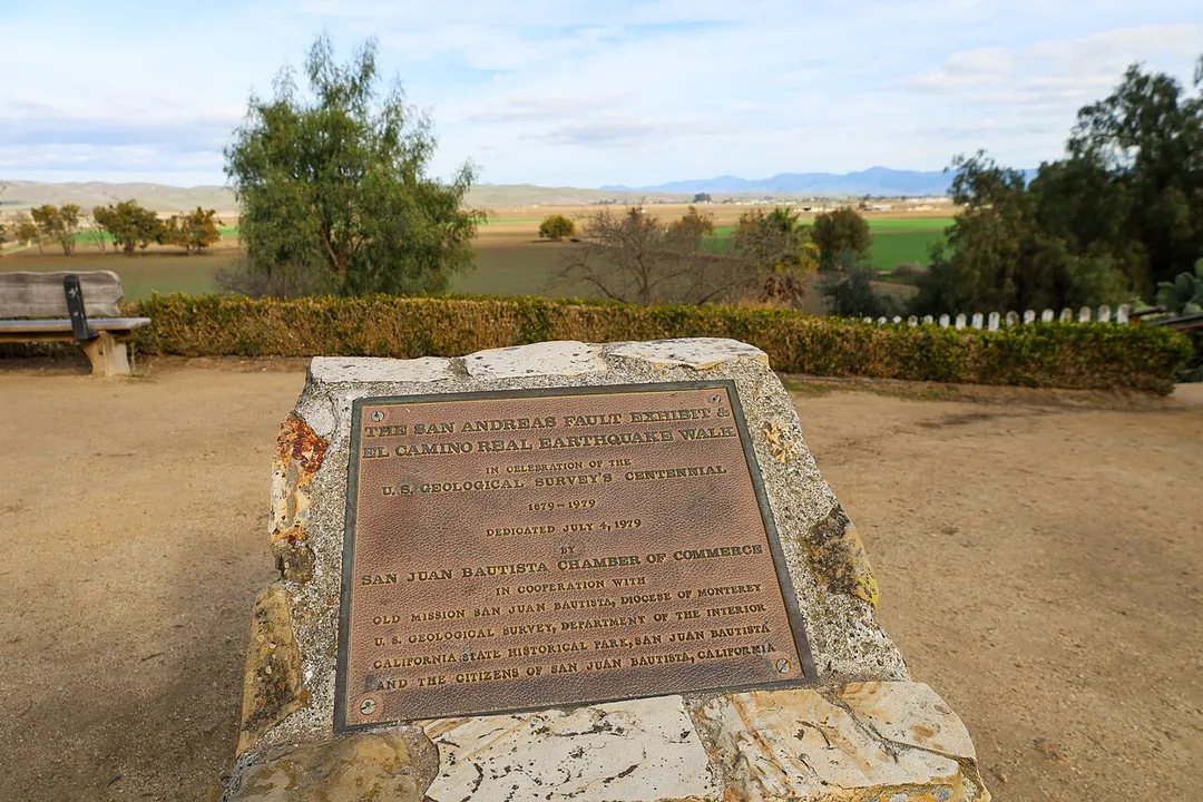 El Camino Real Earthquake Walk sign in San Juan Bautista, CA