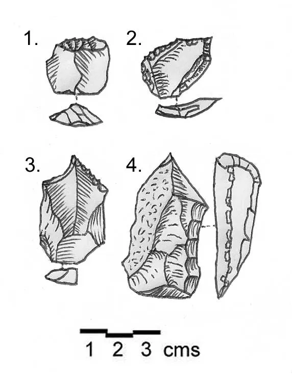 Shepherd Neolithic flint tools discovered at Kamouh el Hermel. 1. End scraper on a flake. 2. Transverse scraper and awl on a thin flake. 3. Borer on a flake blade. 4. Burin with a wide working edge on a heavy flake. All in matt brown flint.