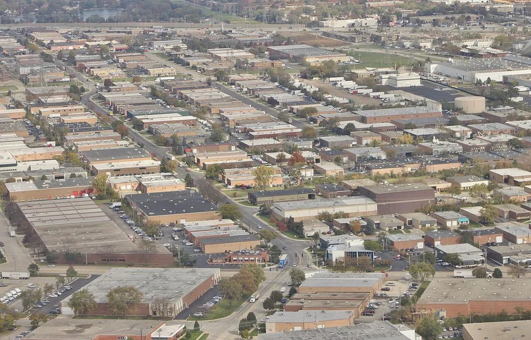 An aerial view of an industrial park in Elk Grove Village, Illinois, taken from an airplane on approach to w:O'Hare International Airport in Chicago.