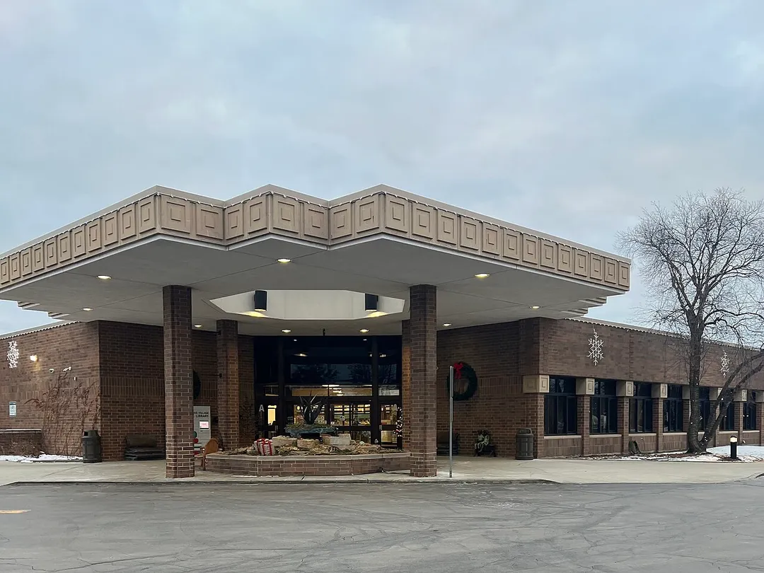 Main entrance to the public library in Elk Grove Village, IL