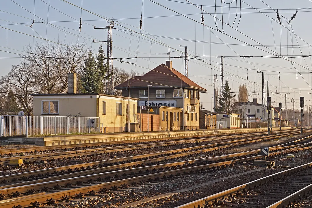 Platform and tracks of the train station in Elsterwerda, Brandenburg, Germany