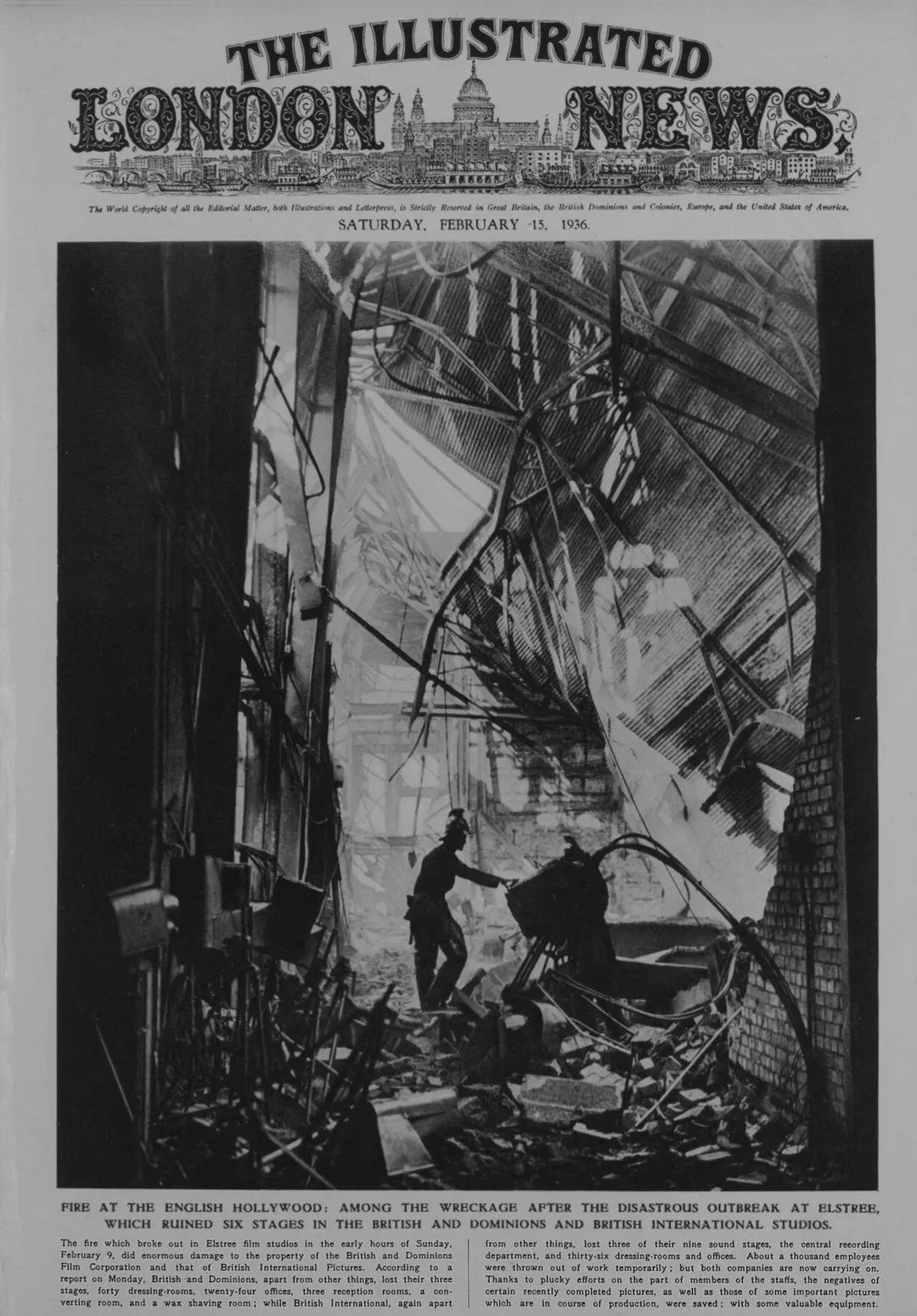 1936 Elstree Studios Fire, destroys three stages British and Dominion Studios.