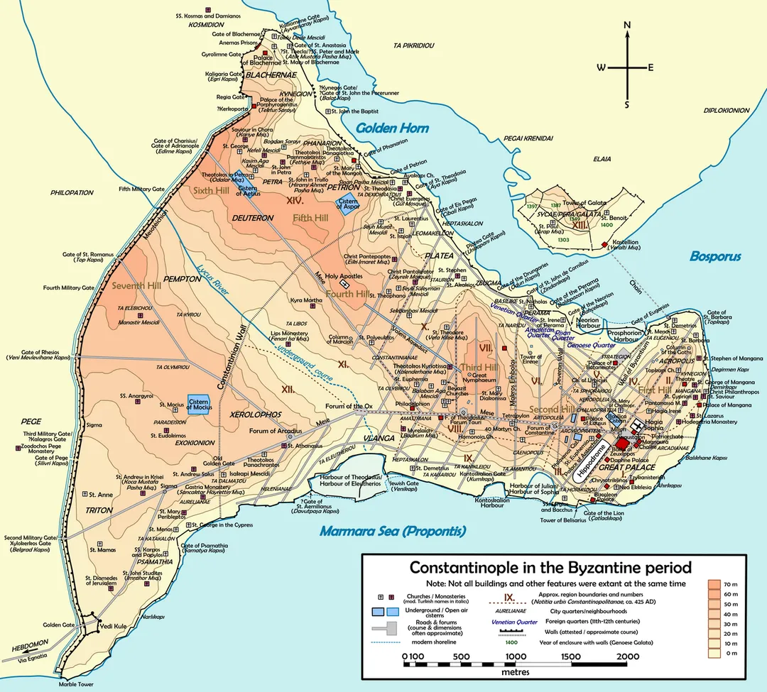 Topographical map of Constantinople during the Byzantine period.