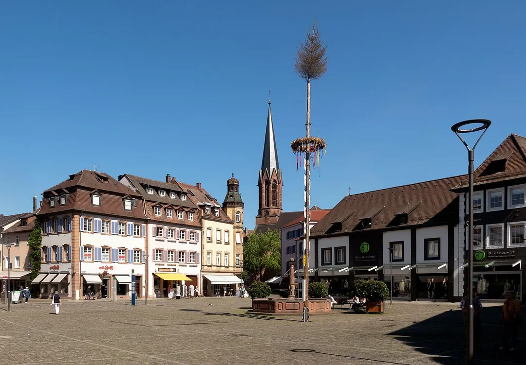 Emmendingen, Marktplatz with churchtower (Evangelische Stadtkirche)