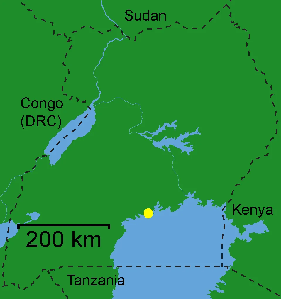 map of Uganda showing the city of Entebbe marked with a dot