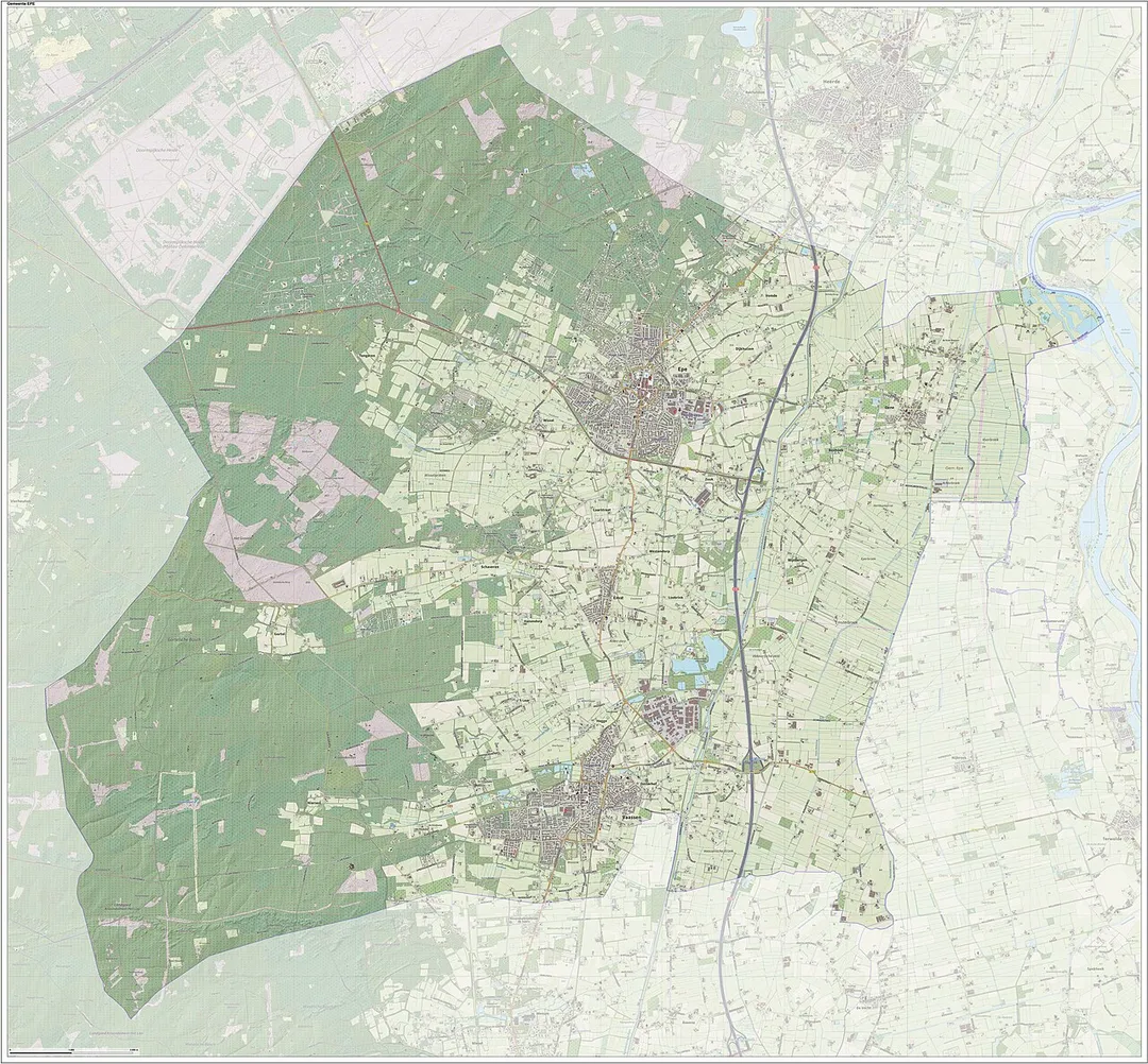 Topografische gemeentekaart. Resolutie: 400 pixels/km.
Kaartbeeld samengesteld uit de open geodata van de Top10NL en Top25namen (Kadaster), Creative Commons-BY licentie. Gebouwvlakken uit open geodata BAG extract. Wegen uit de OpenStreetMap, OpenStreetMap community. Reliëfschaduw uit de Actuele Hoogtekaart AHN2.

Samenstelling en kleurenschema: Jan-Willem van Aalst, met QGIS. Zie ook de Legenda.