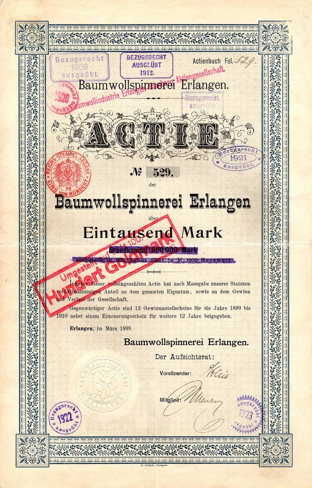 Share of the Baumwollspinnerei Erlangen, issued March 1899