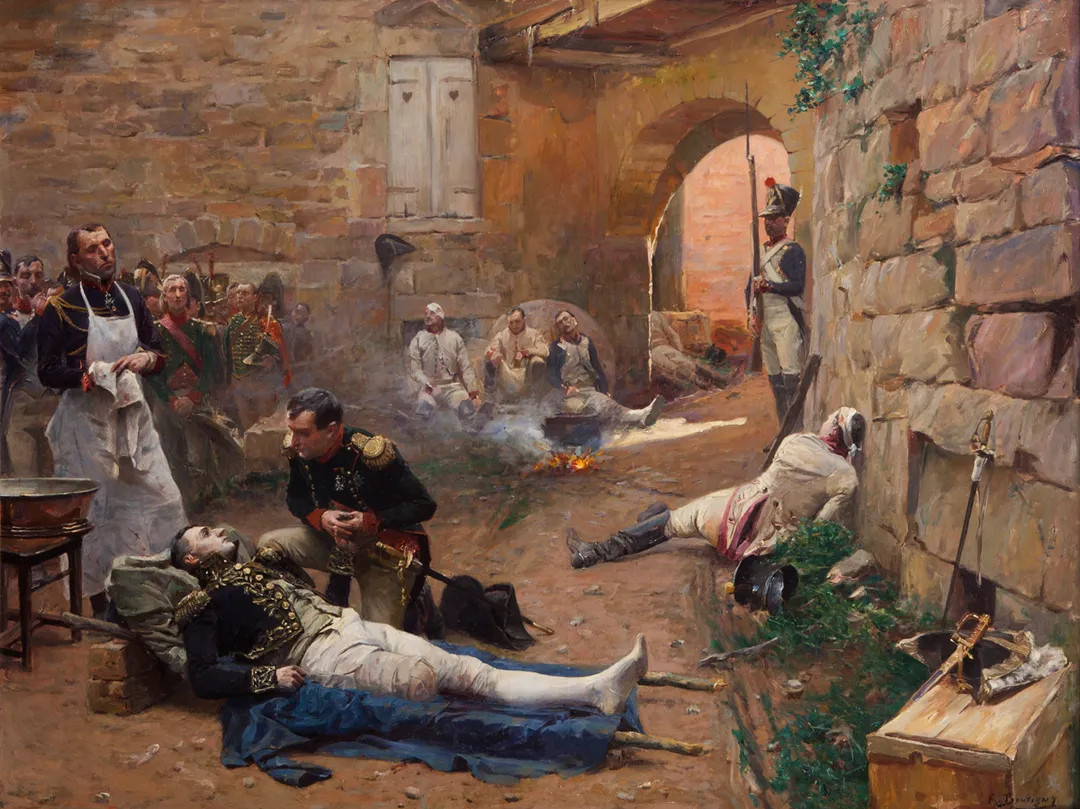 Marshal Jean Lannes, Duc de Montebello, Prince de Sievers, wounded at the battle of Essling, on May 22nd 1809, had his left leg amputated (right leg on the picture) and died a few days after that. Here, he is in the presence of his master and friend, Emperor Napoleon I.