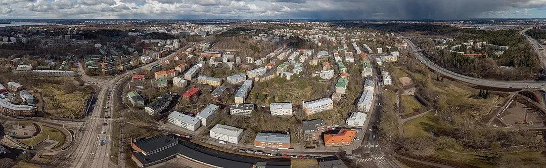 Panoramic aerial view of Etelä-Haaga and Kivihaka neighbourhoods in the Haaga district of Helsinki, Finland.
A snow and hail shower is approaching from the north.