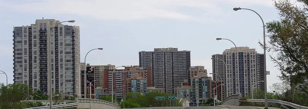 The skyline of Etobicoke, centered around the intersection of Bloor Street West and Islington Avenue, and photographed from Dundas Street West in Etobicoke, Ontario, Canada.