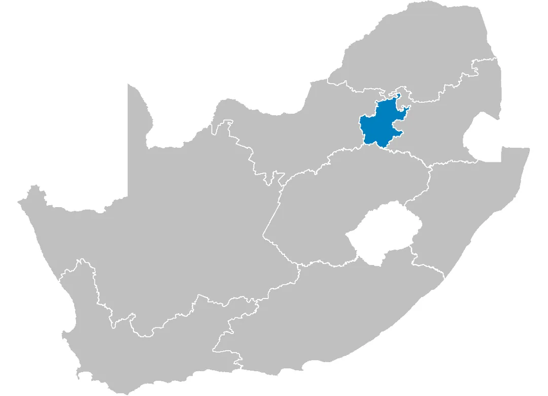 Map of South Africa showing the Gauteng province after the 12th amendment of the constitution in December 2005.
