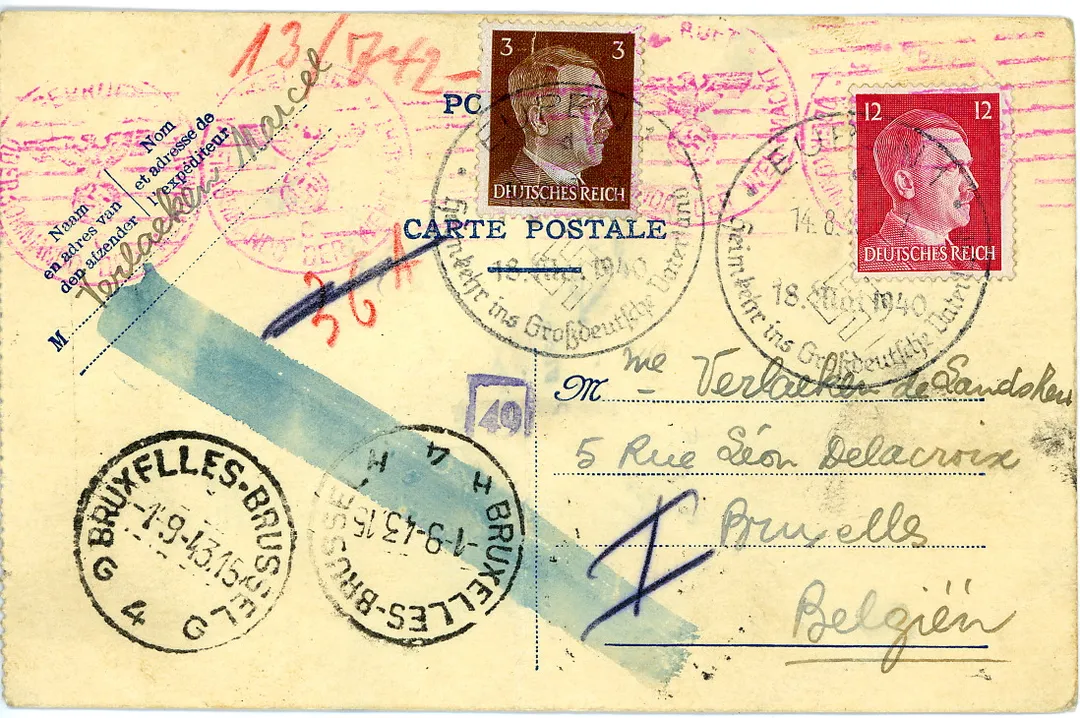 Postcard sent August 1943 during trip to Vorarlberg for imposed work with Eupen stamp “Heimkehr ins Großdeutsche Vaterland”, censored