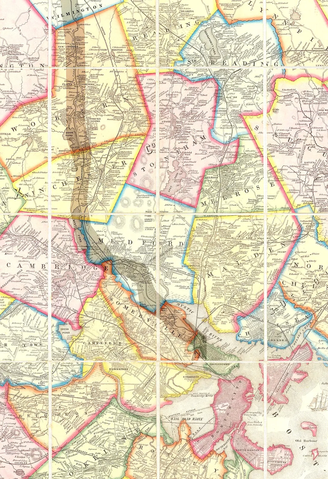 Map of the lower stretch of the Middlesex Canal, north of Boston, Massachusetts, 1852. This map was made about the time the canal was abandoned, some 50 years after its construction was completed.