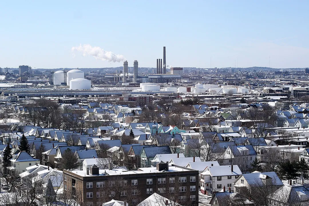 Everett, Massachusetts in winter from the Whidden Hospital. Note the densely packed houses with snow on the rooftops.