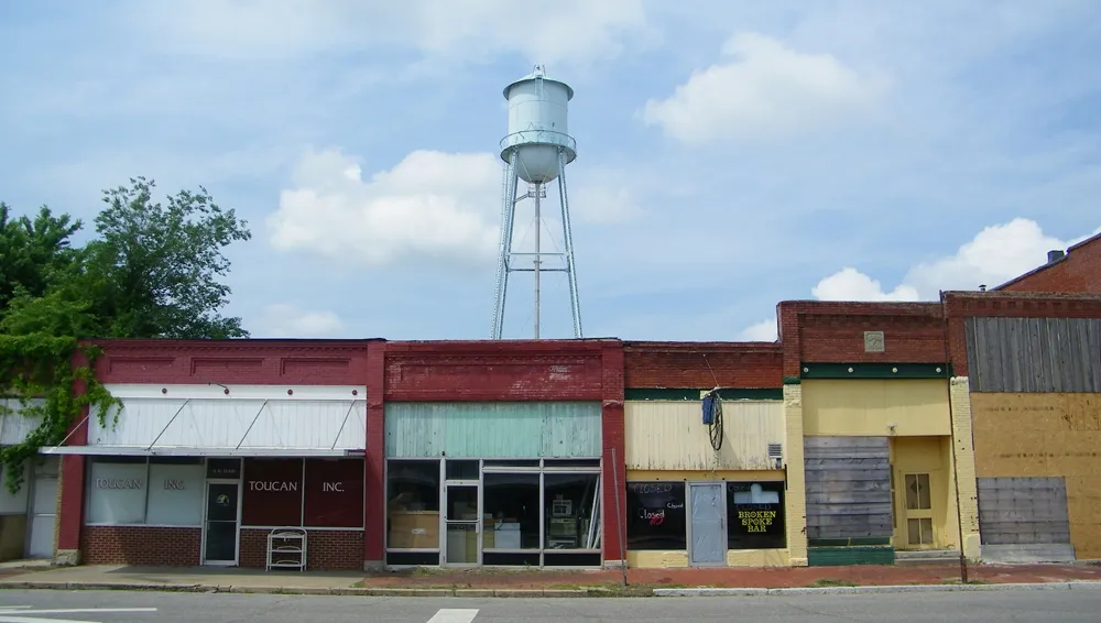 The city water tower standing over Main Street in Fairland, Oklahoma