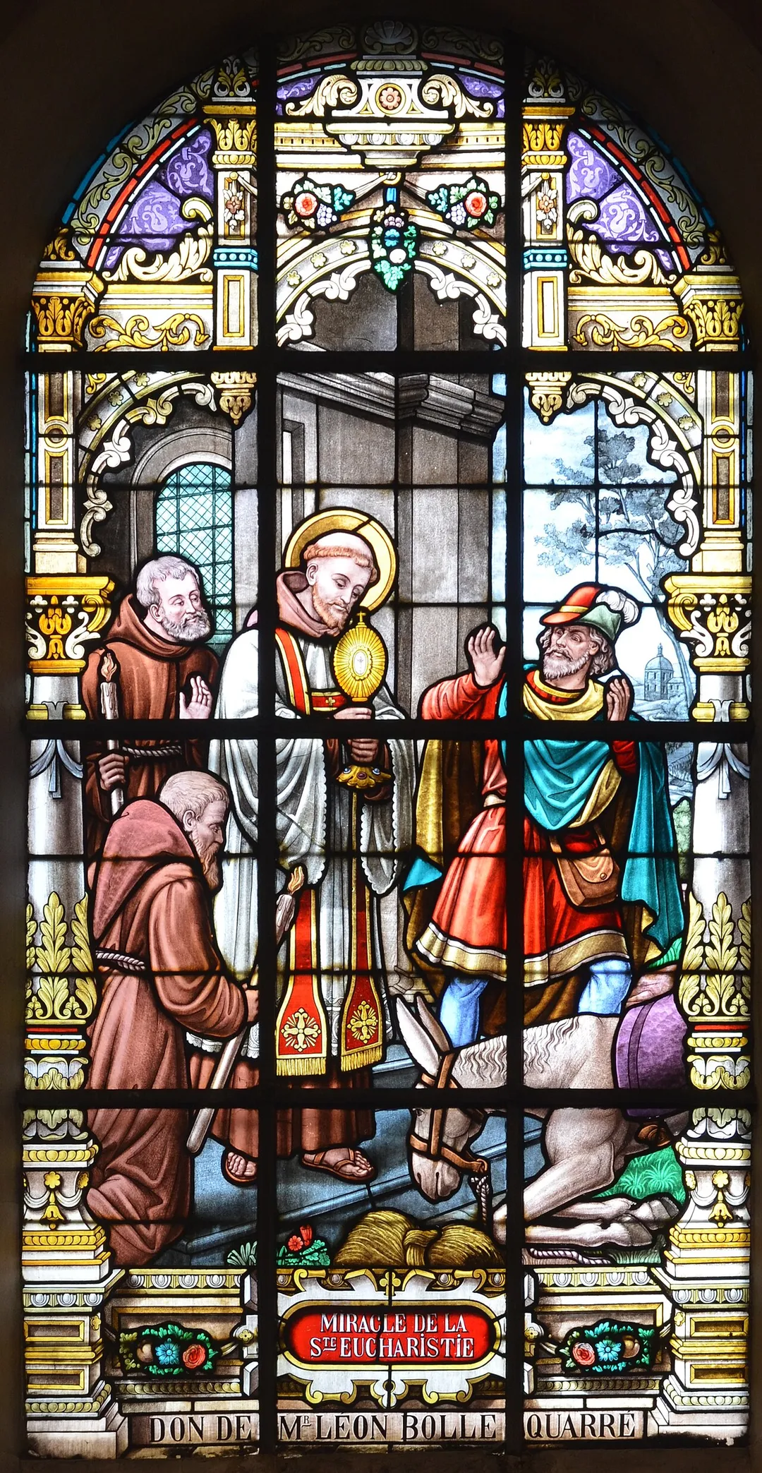 Farciennes (Belgique) - vitrail de l'église de l'Assomption de la Vierge - Saint Antoine de Padoue et le miracle de l'âne.