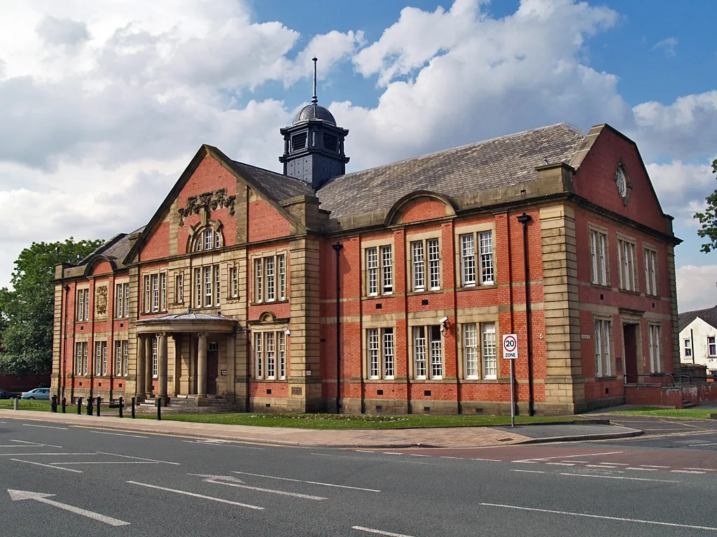 The former Farnworth Town Hall on Market Street, Farnworth, Greater Manchester, England.