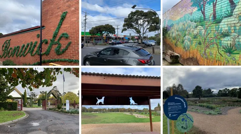 From top left across and down: Snapshot of Bonwick Street Sign, Bonwick Street Shops, Fawkner Street Art, Fawkner Cemetery, Moomba Park Dog Park and Moomba Park Wetlands in Fawkner
