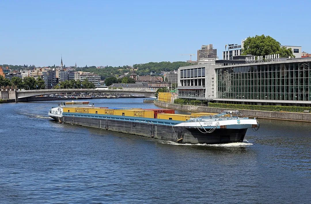 Belgian barge Skyline on the river Meuse in Liège (Belgium)
