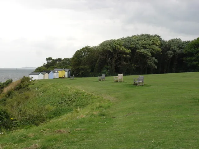 Cliff Top at Felixstowe This open space is on top of a cliff about 10 m high above the sea; the beach huts in the distance are a handful of the hundreds placed along this short piece of coast line.