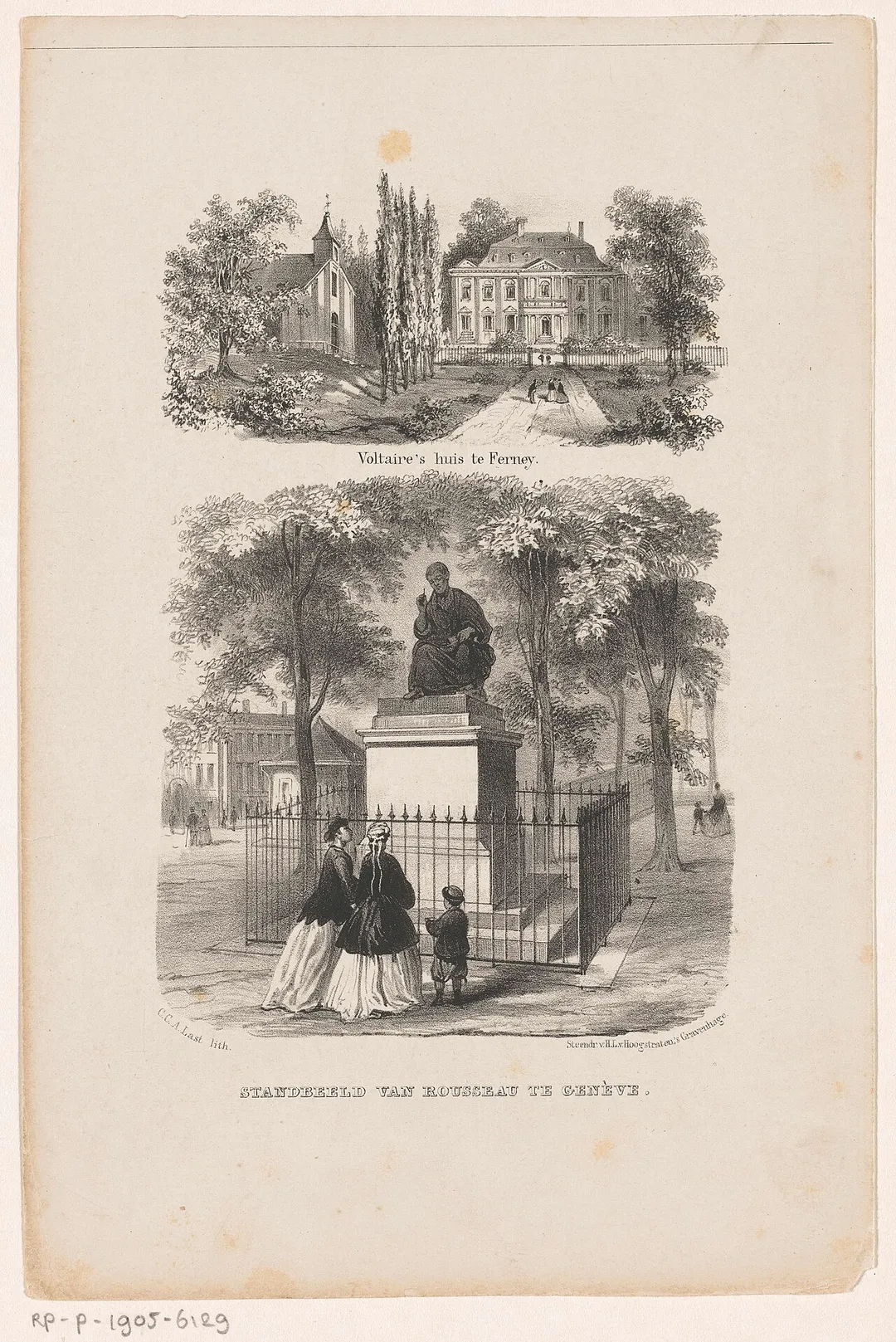 IdentificatieTitel(s): Voltaire's huis te Ferney standbeeld van Rousseau te Genève (titel op object)Objecttype: prent Objectnummer: RP-P-1905-6129Opschriften / Merken: verzamelaarsmerk, verso, gestempeld: Lugt 2228 Omschrijving: Bij het standbeeld staan twee vrouwen en een jongen.VervaardigingVervaardiger: prentmaker: Carel Christiaan Antony Last (vermeld op object), drukker: Hendrik Leonardus van Hoogstraten (vermeld op object) Plaats vervaardiging: Den HaagDatering: in of voor 1859 - 1896Materiaal en TechniekFysieke kenmerken: lithografieMateriaal: papier Techniek: lithografie (techniek)Afmetingen: blad: hoogte 240 mm × breedte 160 mmOnderwerpWat: farm or solitary house in landscape, monument, statue (+ city(-scape) with figures, staffage) Wie: Voltaire, Jean-Jacques Rousseau Verwerving en rechten:Verwerving: aankoop 1905Copyright: Publiek domein