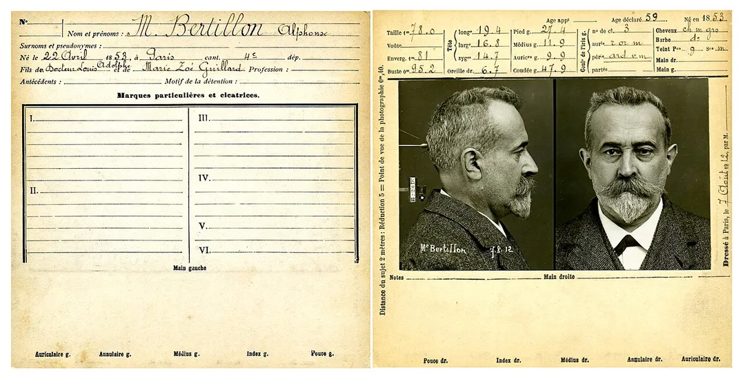 Anthropometric data sheet (both sides) of  Alphonse Bertillon (1853-1914), a pioneer of the Scientific Police, inventor of anthropometry, first head of the Forensic Identification Service of the Prefecture de Police in Paris (1893).