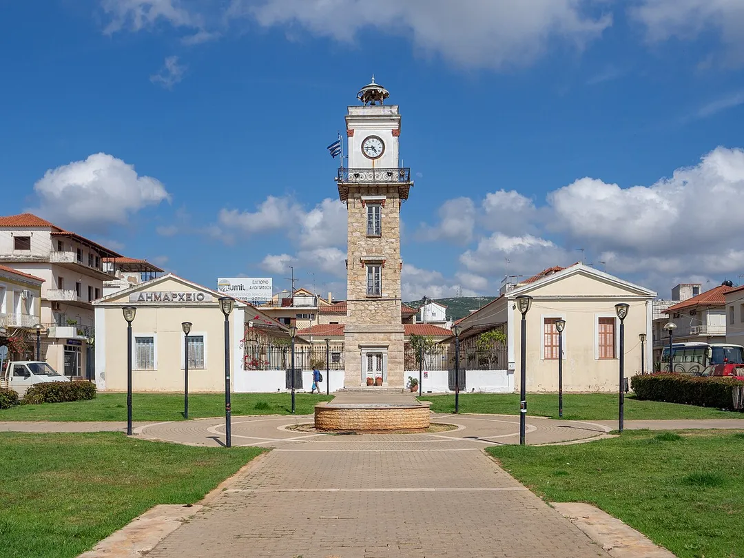 The clock tower of Filiatra, Greece, built in the late 19th century.