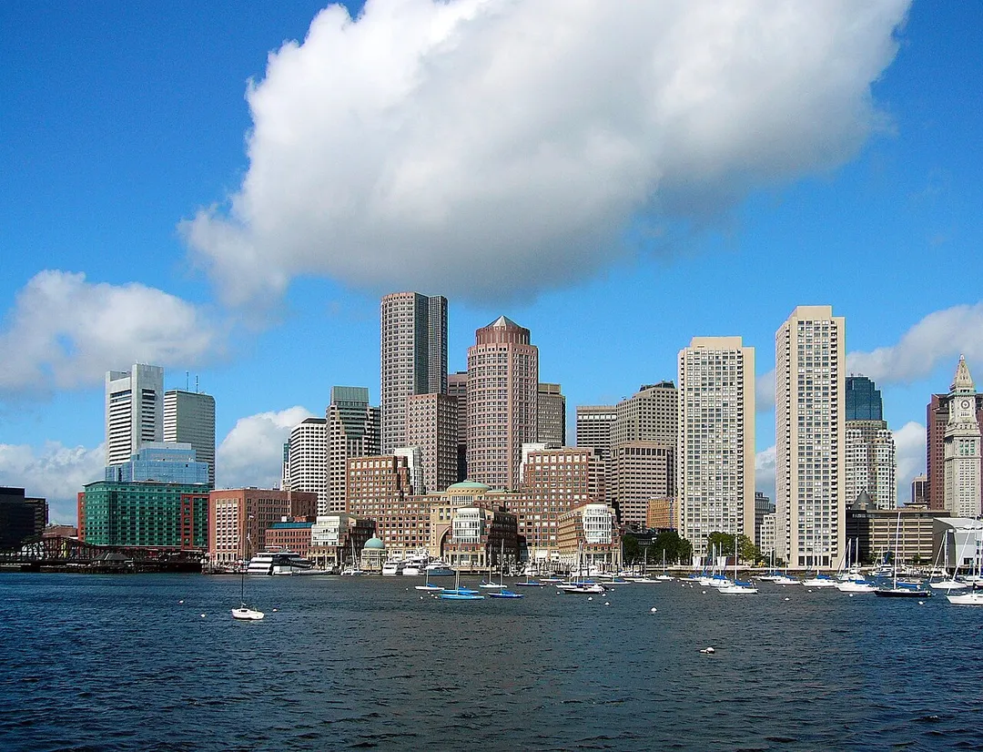 Skyline of Boston.  Picture was taken from a whale watching ferry that left from the aquarium dock.  It is the Eastern side of the Boston peninsula.