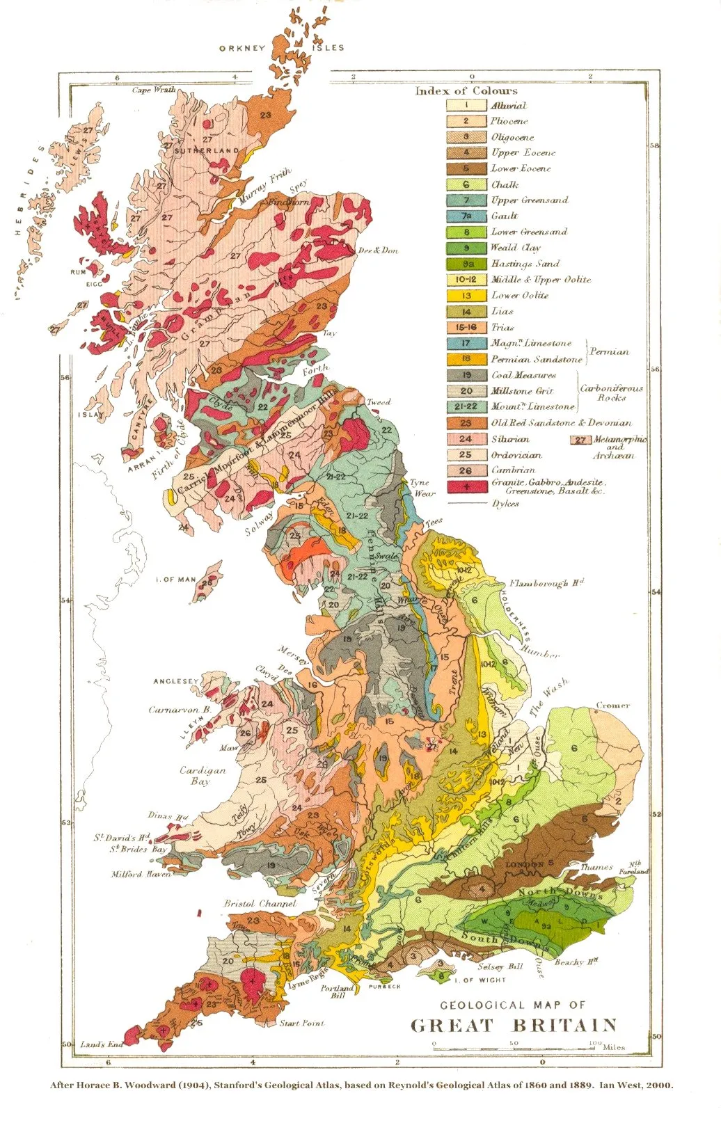 A geological map of Great Britain and neighbouring islands (excluding Ireland).