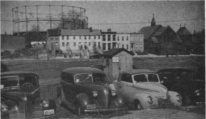 The location of Bissells Alley following its demolition of the Alley Dwelling Authority in the 1930s. The site was sold to GWU and used temporarily as a parking lot.