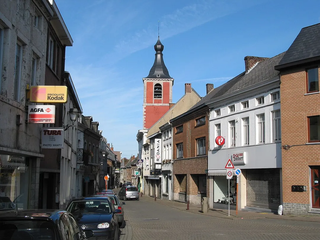 Fontaine-l'Évêque   (Belgium),  the Joseph Parée  street and the St. Vasius church