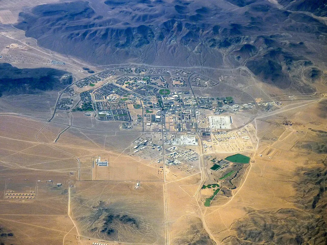 Aerial view of the Fort Irwin Military Reservation central base area in the Mojave Desert, located in San Bernardino County, California.