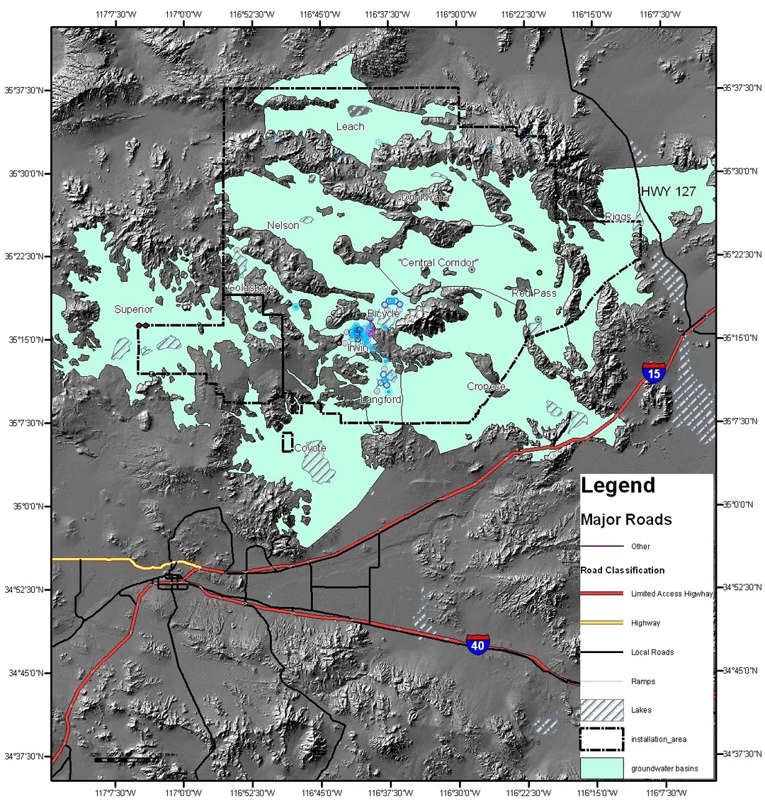 Map showing Fort Irwin National Training Center boundary, drainage basin boundaries, and areas of interest.