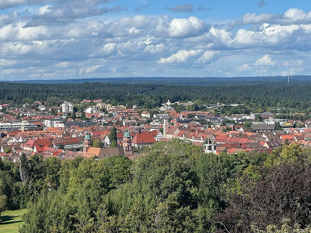 Freudenstadt im Schwarzwald. Blick vom etwas außerhalb gelegenen Friedrichsturm. Zu sehen sind die Türme der Kirche am Marktplatz sowie der Turm des Rathauses