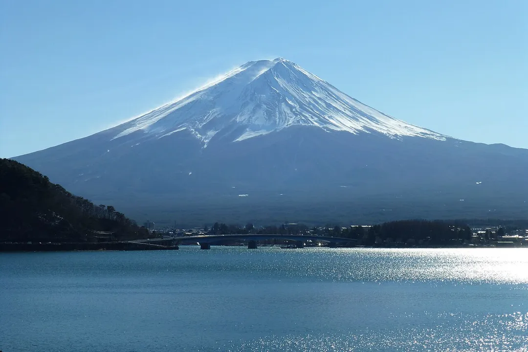 Mount Fuji above Lake Kawaguchi (Kawaguchi-ko) in Japan. January 19, 2014.