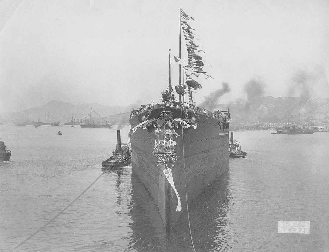 Imperial Japanese Navy battlecruiser Fusō is launched at Kure, Japan