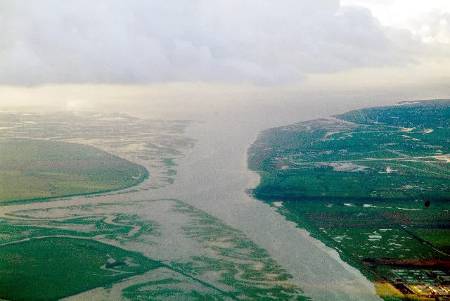 Ribble Estuary. Mouth of the Ribble south of Lytham St Annes, taken from plane coming in to land at Blackpool Airport