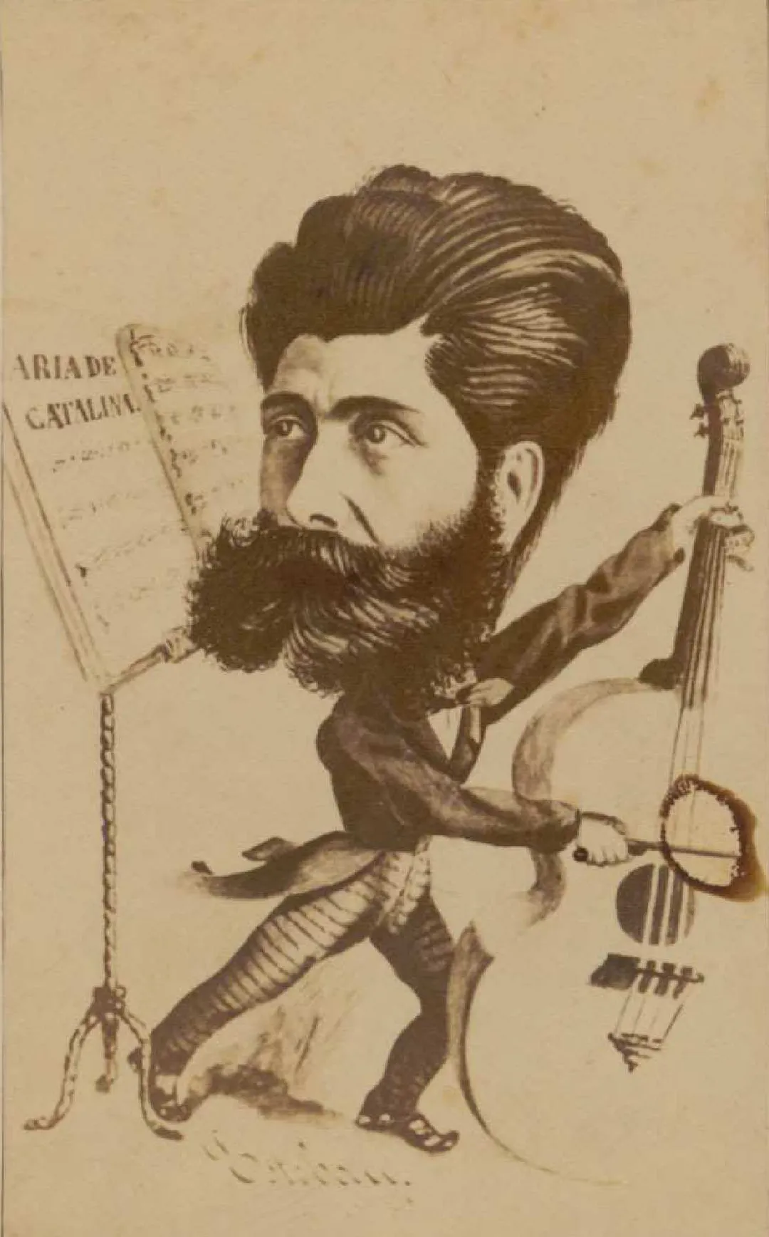 A caricature of Joaquín Gaztambide (1822-1870) drawn by Esteban. Catalina is a zarzuela by Gaztambide staged for the first time on 1854-10-23.