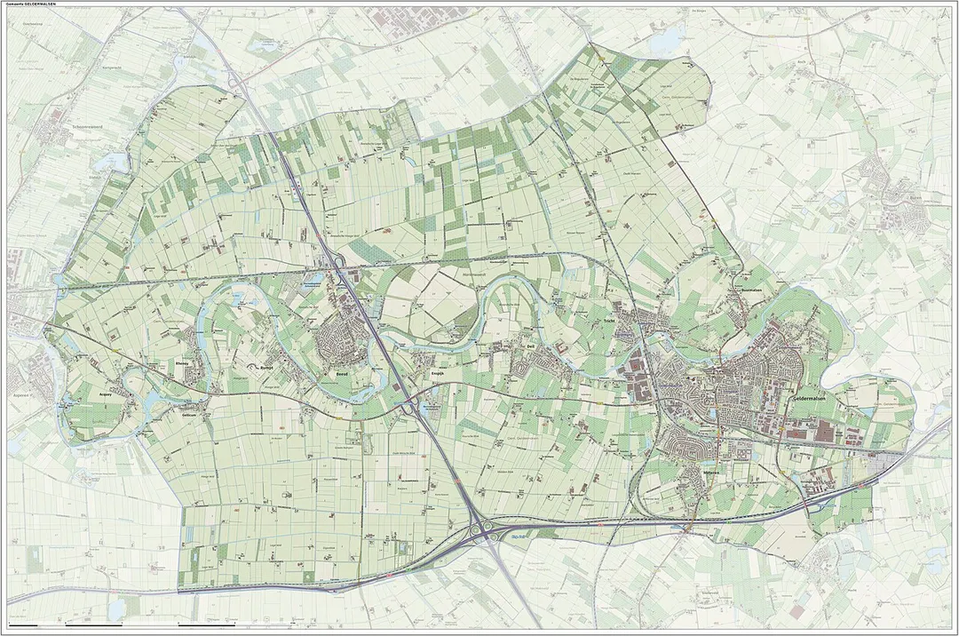 Topografische gemeentekaart. Resolutie: 400 pixels/km.
Kaartbeeld samengesteld uit de open geodata van de Top10NL en Top25namen (Kadaster), Creative Commons-BY licentie. Gebouwvlakken uit open geodata BAG extract. Wegen uit de OpenStreetMap, OpenStreetMap community. Reliëfschaduw uit de Actuele Hoogtekaart AHN2.

Samenstelling en kleurenschema: Jan-Willem van Aalst, met QGIS. Zie ook de Legenda.