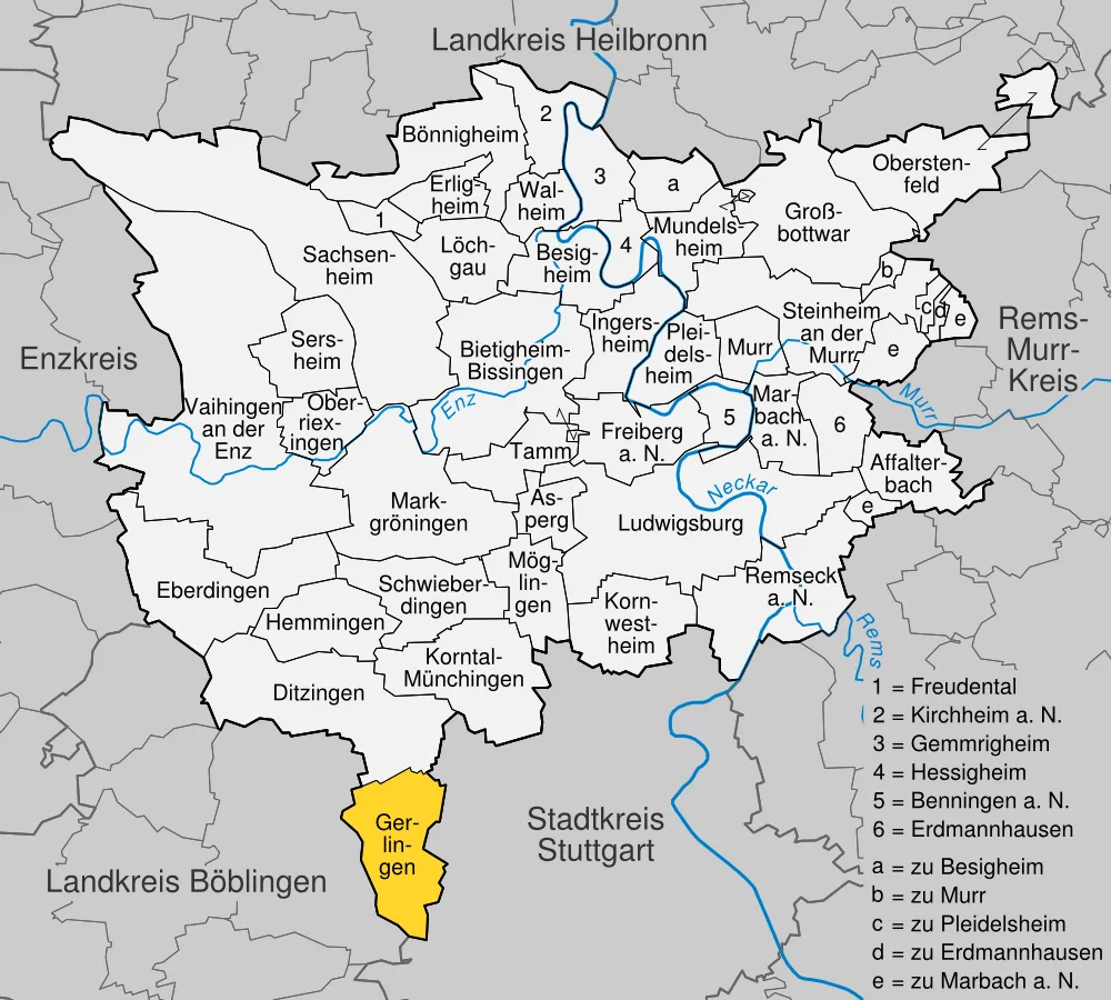 position of Gerlingen within distict of Ludwigsburg, Baden-Württemberg, Germany