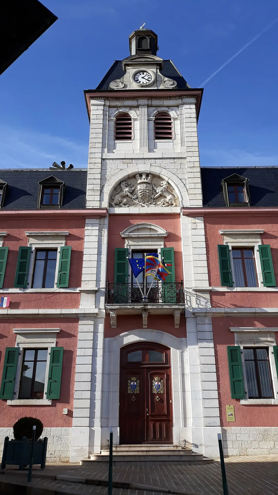 March 10th 2019. Gex city hall with the Tibet flag among the French and European one, to commemorate the Tibetan Independance declaration of March 1959.