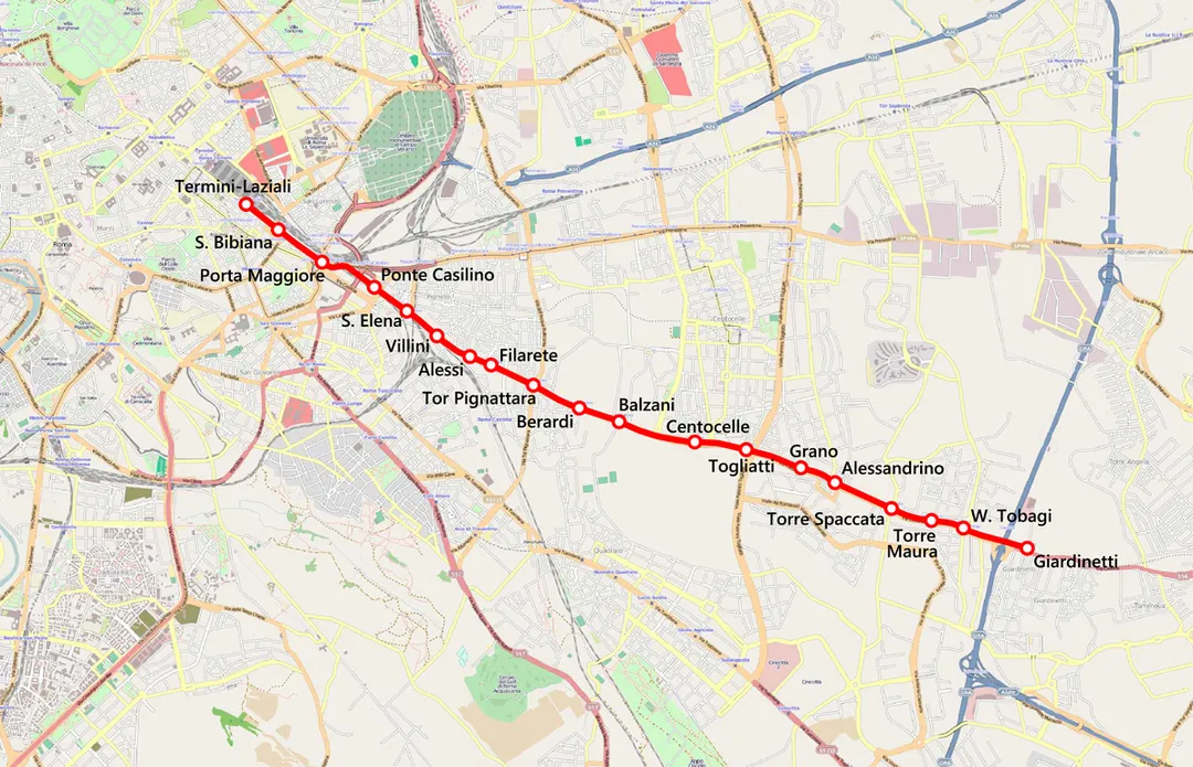 Mappa della ferrovia Roma-Giardinetti, residuo della vecchia Roma-Fiuggi-Alatri-Frosinone