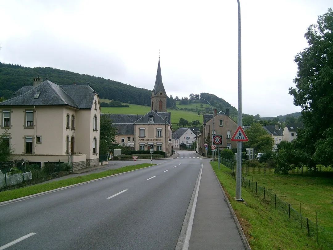 The village of Gilsdorf, Luxembourg. View from north, from the road to the bridge over the river Sure.